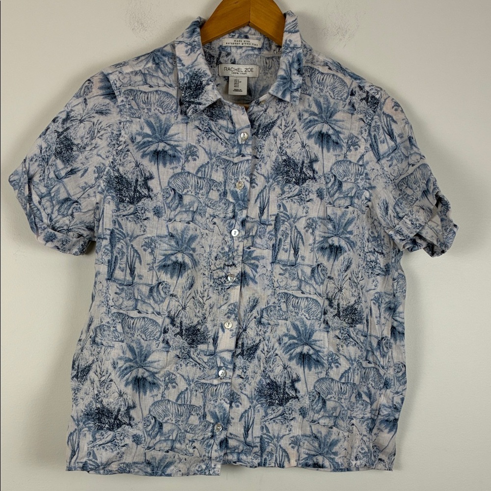 Rachel Zoe Women’s Small 100% Linen Blue White Tropical Print Shirt Boxy Tiger